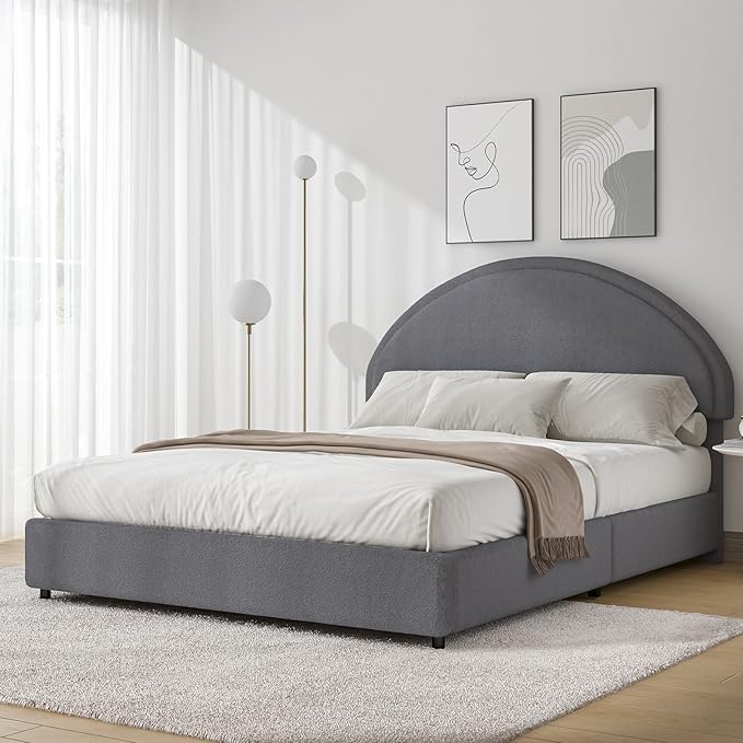 Queen Bed Frame, Upholstered Platform Bed with Headboard, Boucle Bed Frame with Round Conner, No Box Spring Required, Easy Assembly, Grey