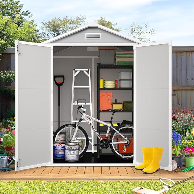 HUGROVE 6×4 Outdoor Storage Shed with Floor, Waterproof & UV-Resistant Resin Garden Shed for Backyard, Weather-Resistant Plastic Tool Shed with Lockable Double Doors, Air Vents & Side Window (Gray)