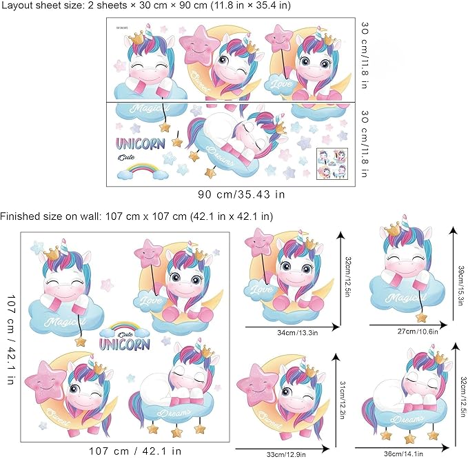 Unicorns Wall Decals - Colourful Peel and Stick Cute Unicorn Wall Stickers, Decor for Baby Nursery, Toddler & Kids Bedroom Walls