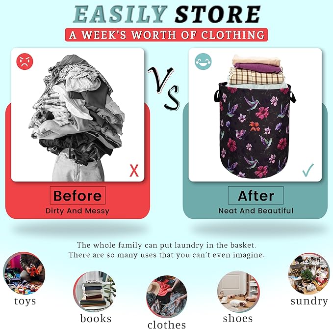 Beautiful Hummingbird Hibiscus Flower Laundry Basket Foldable With Handles Tote Bag Oxford Cloth Colorful Laundry Hamper Clothes Storage Bucket For Bathroom/Laundry/Bedroom 18.9" x 16.5 "