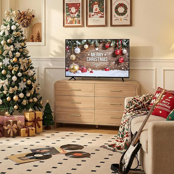 Curved 6-Drawer Dresser for Bedroom, 54" Wide Modern Chest of Drawers, Vanity Desk TV Stand for Living Room, Closet Storage Drawers Organizer Furniture, Nursery, Hallway, Oak