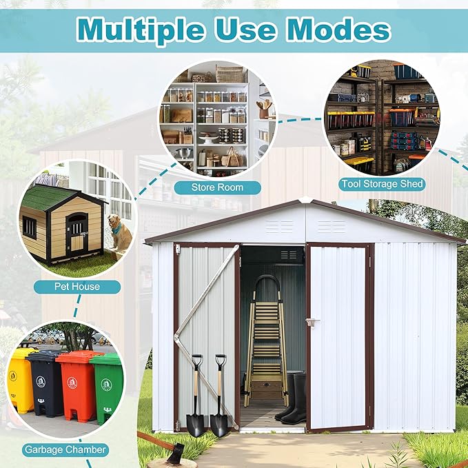 Storage Shed 8ft×6ft Classic Apex Roof Tool Shed Outdoor Storage Metal Garden Storage Sheds Tool Cabinet with Hinged Door Syste for Backyard, Patio, Poolside, White +Offee