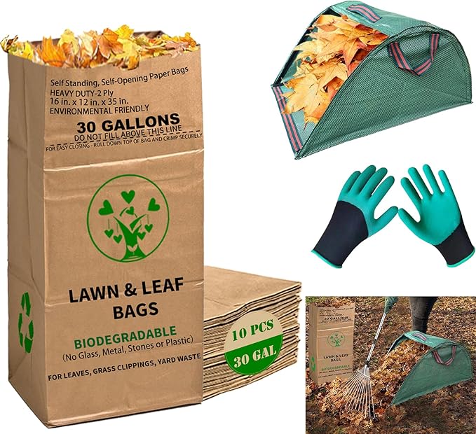 30 Gallon Heavy Duty Brown Paper Lawn and Leaf Bags with 20 GAL Dustpan-Type Bag, 2-Ply Heavy Duty Large Kraft Paper Bags (10 Count) | Tear Resistant Yard Waste Bag for Home and Garden