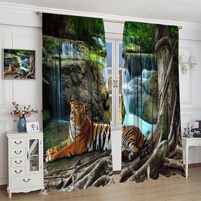Waterfall Landscape Blackout Curtains, Spring Forest Animal Tiger Tree Waterfall Nature Window Drapes, for Bedroom Living Room 42" W X 54" L