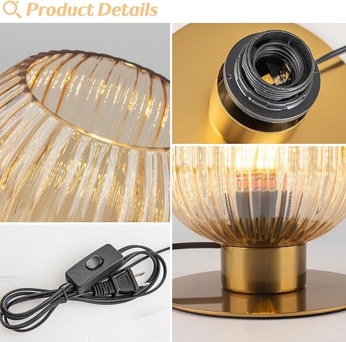 Small Table Lamp, Mid Century Modern Bedside Table Lamp, Amber Ribbed Glass