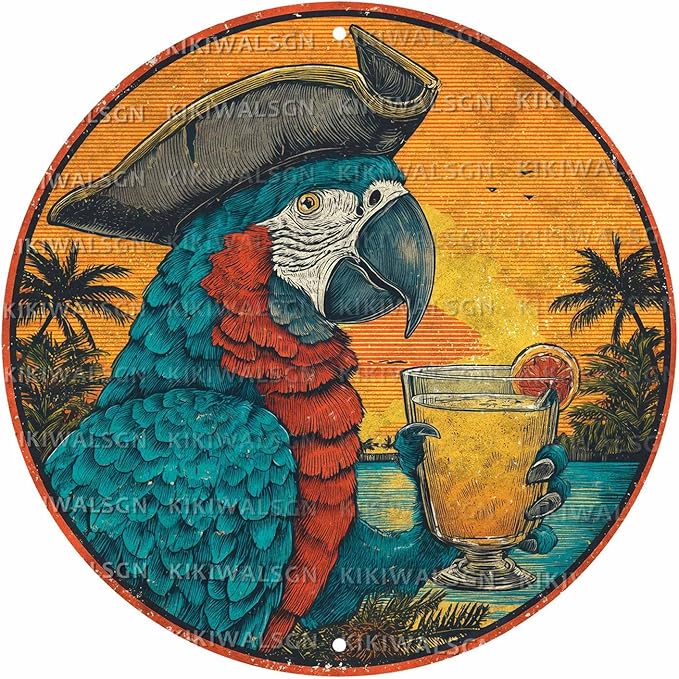 Vintage Parrot Round Metal Sign Retro Beach Tin Sign Nostalgic Rustic Wall Decor Kitchen Bar Man cave Living Room Bedroom Garage Bathroom 12 * 12 In