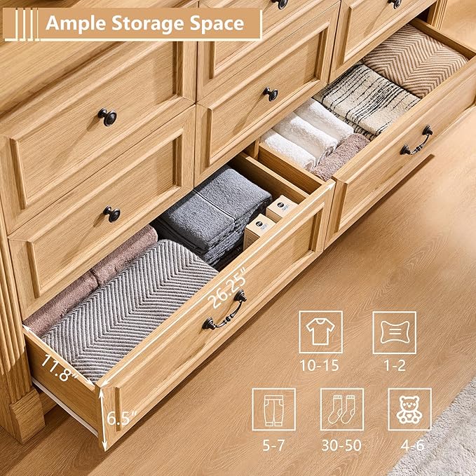 8 Drawers Dresser for Bedroom, Farmhouse 61" Wide Dressers & Chests of Drawers w/Roman Column, Large Storage Dressers Organizer w/Two Different Drawer Sizes for Bedroom,Living Room,Natrual
