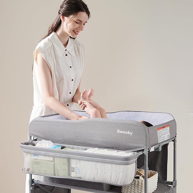 Sweeby Portable Baby Changing Table, Foldable Diaper Changing Station with Waterproof Pad, Mobile Nursery Organizer for Infant & Newborn Essentials, Grey