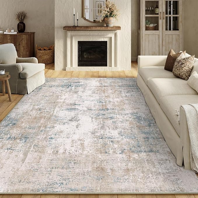 9x12 Washable Area Rug Beige Blue Neutral Abstract Living Room Bedroom Large Throw Rug Non Slip Soft Low Pile Indoor Floor Carpet for Dining Room Kitchen Office Entryway