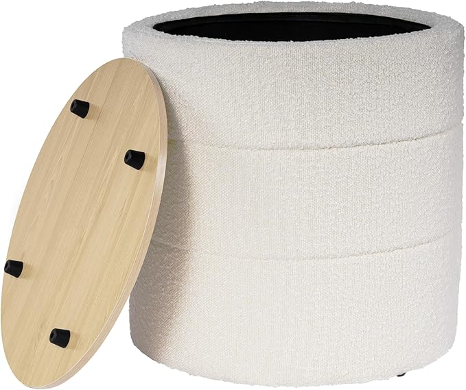 HomePop Channel Storage Ottoman with Wood Top - Cream Boucle