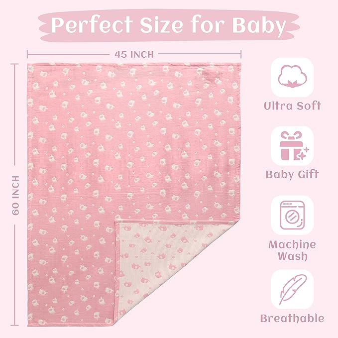 NTBAY 3 Layer Oversized Muslin Cotton Toddler Blanket, Jacquard Reversible Nursery Bed Blanket, Super Soft and Thermal for All Seasons, Baby Gift, 45"x60", Pink Elephant