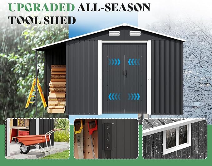 Jocisland 10.6x6.8x6.3 FT Outdoor Storage Shed with Sliding Doors, Two 4-Pane Windows, Open Design Outdoor Shed for Wood Storage, Dark Grey/White