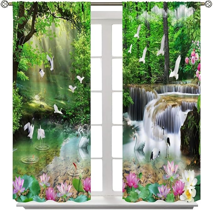 Nature Blackout Curtain, Waterfall Landscape Forest Swan Fish Pattern Rod Pocket Window Drapes, for Bedroom Living Room 42" W X 63" L