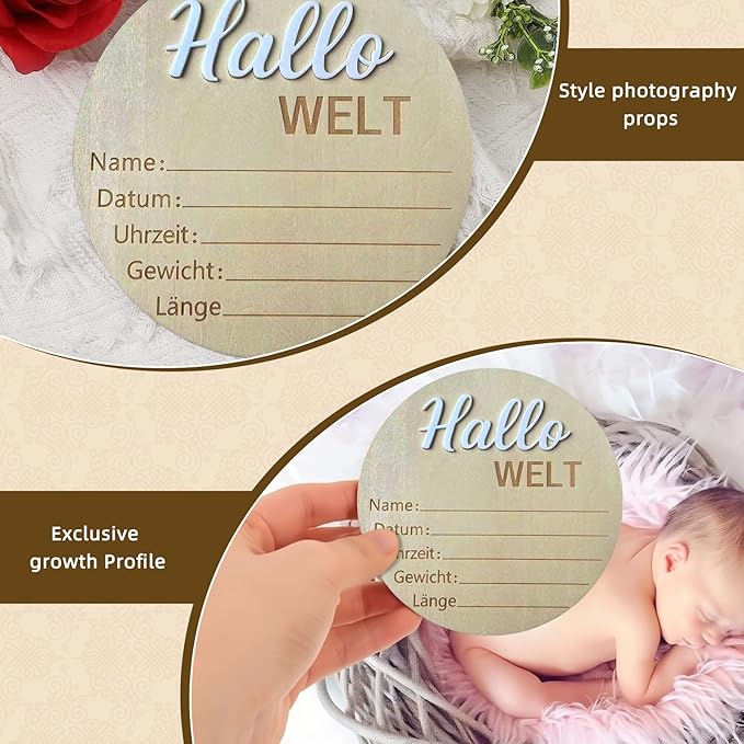 Baby Announcement Sign, 5.9 Inch Wooden Hello World Newborn Signs, "Hallo Welt" Decoration, Birth Announcement Sign, Welcome Newborn Arrival to World, Hospital Nursery for baby