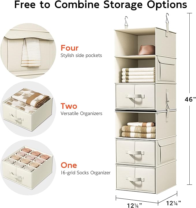Vailando 6-Shelf Hanging Closet Organizer with 3 Drawers, 2 Separable 3-Shelf Closet Organizers and Storage for Wardrobe Organization, Hanging Dresser for Nursury & Dorm Clothes Organizer, Beige