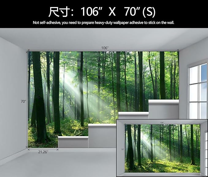 WFBHUA-Green Woodland Wallpaper Mural Foggy Forest Tree Wallpaper Nature Landscape Wall Murals for Bathroom Living Room (Not Peel and Stick)