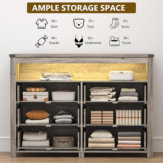 Dresser for Bedroom with 6 Drawers, Wide Chest of Drawers with LED Light and Power Outlet, Wooden Closet Organizer Clothes Storage Cabinet, Modern Double Dressers for Living Room, Hallway, Grey