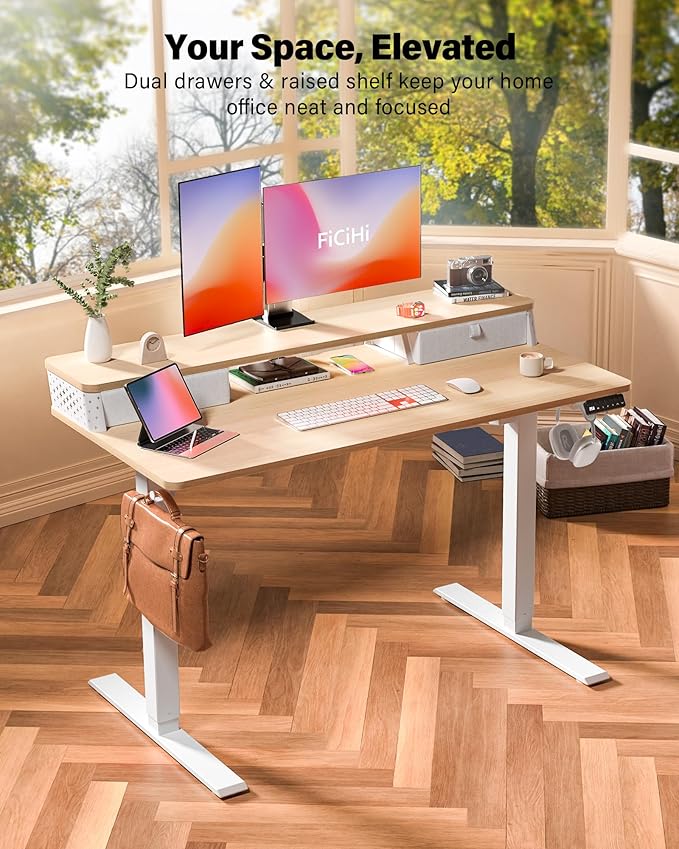 55x24 Inch Standing Desk with Double Drawers, C-Clamp Mount Compatible, Electric Adjustable Height Computer Stand Up Desks, Home Office Sit Stand Table with 3 Preset Heights & 2 Hooks, Natural