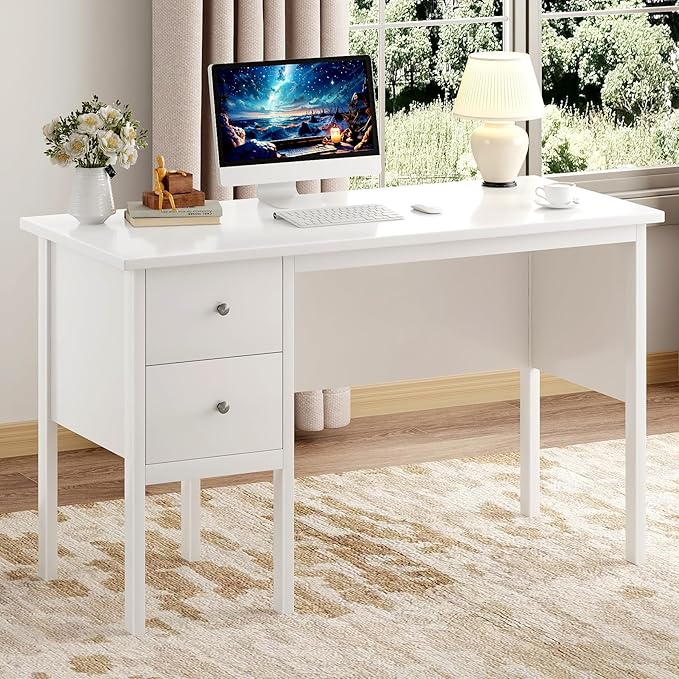 BHG Computer Desk with Drawers,Modern White Home Office Desk with Storage Filing Cabinet, Vanity Desk Makeup Dressing Table for Bedroom,Small Writing Table PC Desks for Study(White, 43.3")