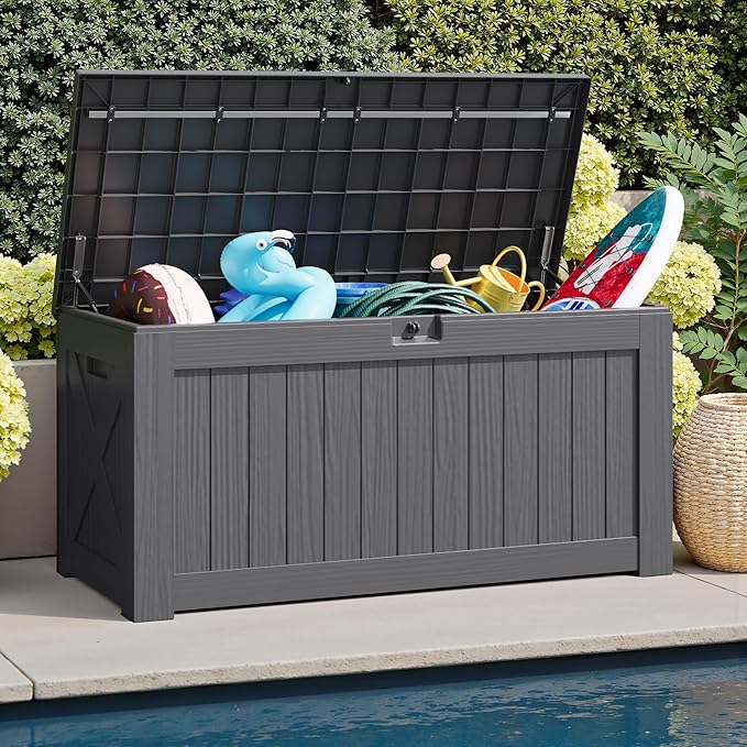 JUMMICO 120 Gallon Resin Deck Box, Large Outdoor Storage Box Waterproof & Lockable for Garden, Patio, Pools (Gray)