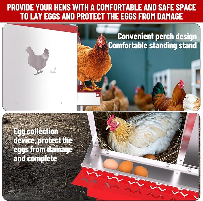 GarveeLife Nesting Boxes for Chickens, 8 Compartment Chicken Nesting Box with Metal Legs, Metal Chicken Laying Boxes with Perch, Secure Lid, Versatile Wall Mount or Free Standing for Hens, Red