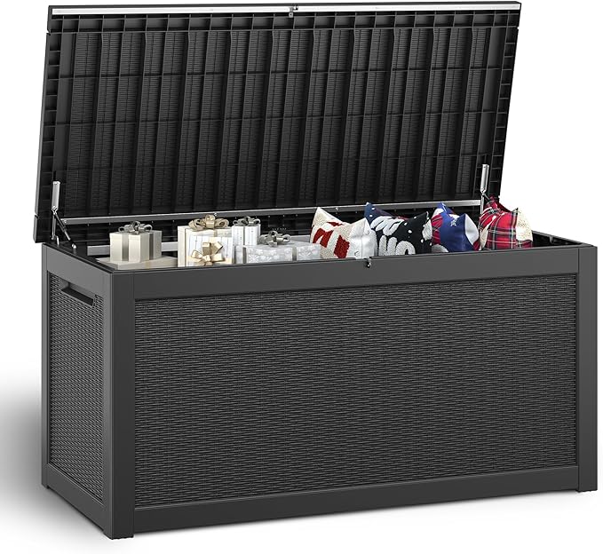 NUNU LAB 260 Gallon Outdoor Storage Box,Resin Large Sturdy Deck Box, Backyard Outside Storage Box Waterproof with Double Wall Panels,Package Delivery Garden Outdoor Hose Bin