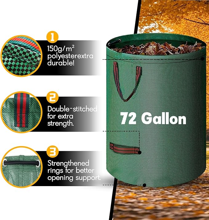 Reusable Yard Waste Bags - 3 Pack, 72 Gallon Lawn Bags with Reinforced Handles, Ideal for Grass, Leaves, and Yard Waste - Durable and Garden Waste Bags, Collapsible Lawn Leaf Bag, Leaf Bag Stand Up.