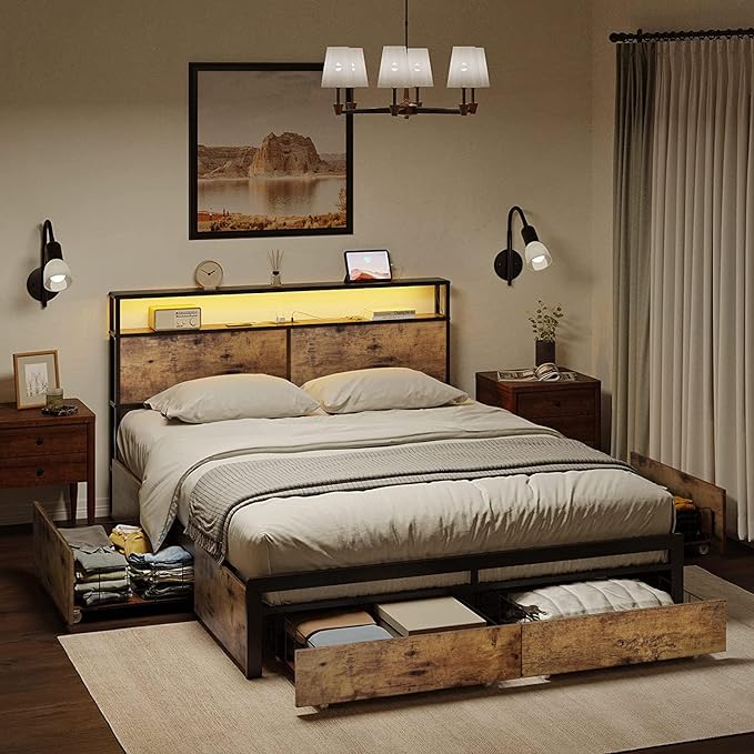 Queen Bed Frame with Storage Headboard and 4 Drawers LED Lights Metal Platform Non-Slip Without Noise Mattress Foundation Strong Metal Slats Support No Box Spring Needed