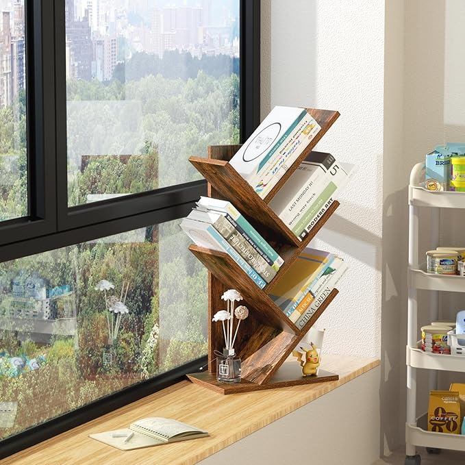5 Tier Tree Book Shelf, Small Desktop Bookshelf with Storage Organizer, Wood Bookcase, Desk Display Bookshelves, Floor Standing Organizer Bookcases for Living Room,Bedroom,Office-Brown