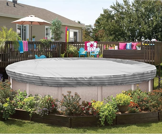 ECOOPTS 11 ft Round Pool Cover for Above Ground Pools, Swimming Pool Cover Protector Winter Safety Cover (Gray White Stripes)