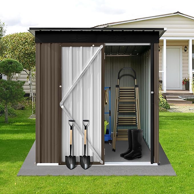 5x4 FT Metal Outdoor Storage Shed,Lockable Garden Tool Sheds with Pitched Roof and Shutter Vents,Practical Weatherproof House for Backyard Lawn,Brown+Black