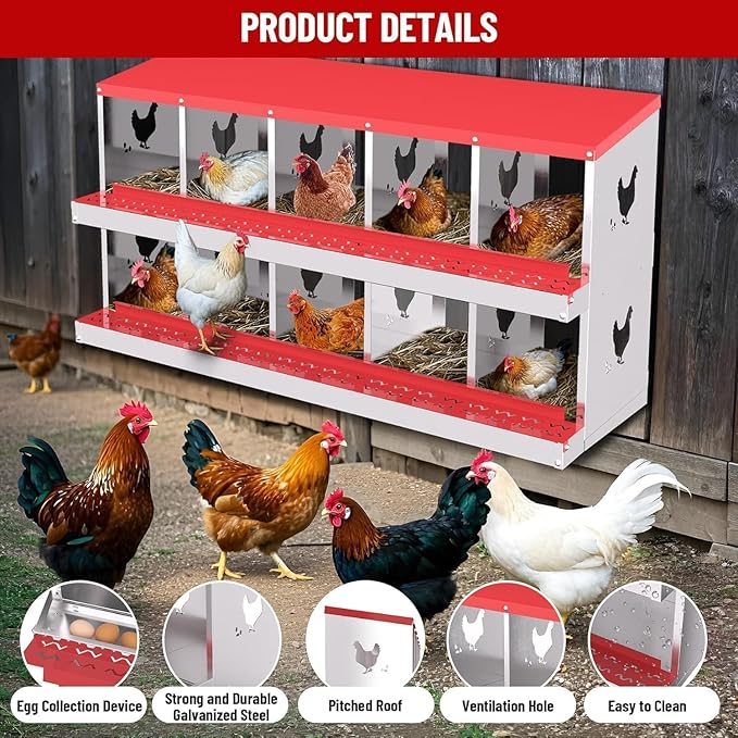 Chicken Nesting Box, Heavy-Duty Metal Chickens Laying Boxes with 10 Compartments, Large Vented Holes Hens Laying Box, Chicken Coop with Rollout Egg Collection, Wall Mount - Red