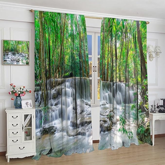 Forest Waterfall Blackout Curtains, Scene Nature Theme Mountain Stream Scenery Print Window Drapes, for Bedroom Living Room 42" W X 45" L