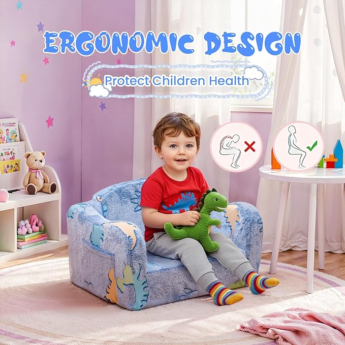 Lamerge 2-in-1 Toddler Couch,Glow in The Dark Baby Floor Bed,Foldable Toddler Chair Kids Sofa for playroom,Convertible Sofa to Lounger for Girls and Boys (Blue and Dinosaur)