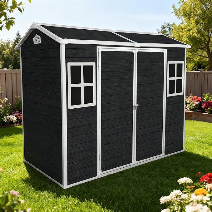 8x4 FT Resin Storage Sheds Outdoor with Floor Included, Plastic Sheds & Outdoor Storage Clearance with 2 Windows and Lockable Door, Backyard Storage Sheds for Bike, Garden Tools