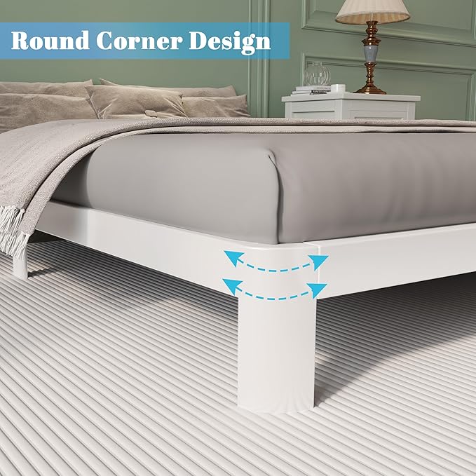 6 Inch Full Size Bed Frame with Metal Gaskets, White Full Bed Frame No Box Spring Need, Heavy Duty Steel Platform Support, Round Corner Legs, Easy Assembly, Noiseless