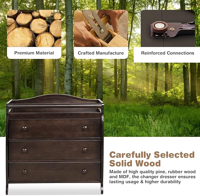 Costzon 3-Drawer Changing Table, Infant Diaper Changing Station with Drawers, Safety Rails & Strap, Baby Changing Table Dresser for Nursery, Easy Assembly (Brown)