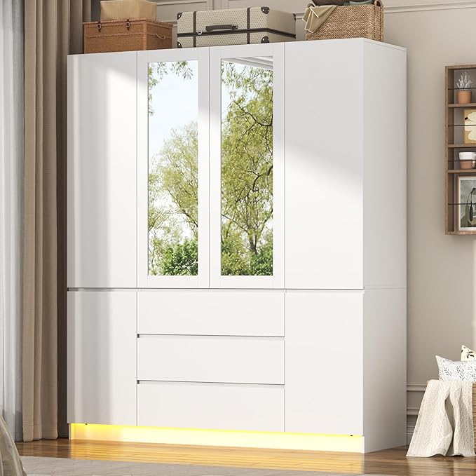 4 Doors Armoire Wardrobe Closet with 3 Drawers & Mirror, Modern Wooden Bedroom Armoires with Hanging Rod Led Lights for Bedroom, White
