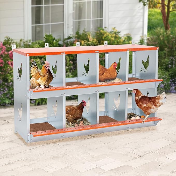 8-Bay Metal Nest Box for Chickens Wall Mount, Galvanized Steel Hen Nesting Box with Vent Holes, Easy to Clean & Assemble, Includes Coconut Fiber Pad, Orange/Silver