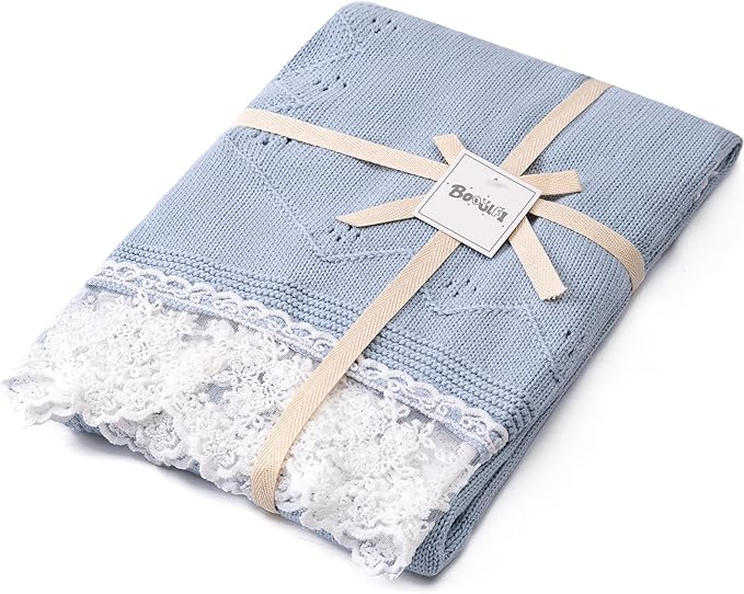 Booulfi Baby Blankets Neutral Knitted Blue Cotton Blue Baby Blanket Stroller Lace Border Crochet Winter Crib Baby Blanket New Baby Essentials