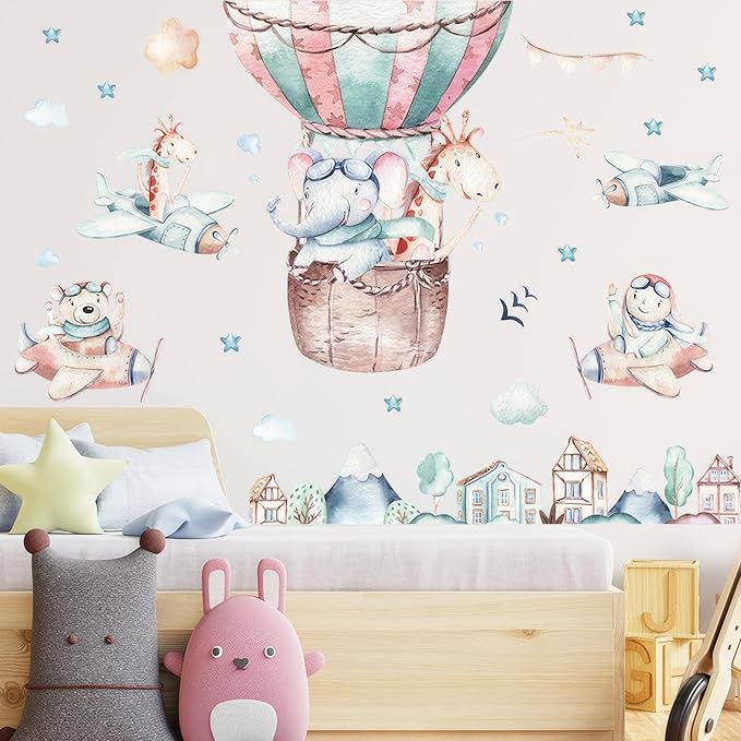Flying Animals Wall Decals - Peel and Stick Hot Air Balloon Animals Wall Stickers, Aircrafts Decor for Baby Nursery, Toddler & Kids Bedroom Walls - Airplanes, Elephant, Giraffe, Bear