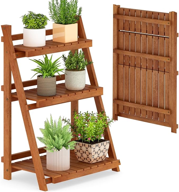 Giantex Foldable Ladder Plant Shelf, 3-Tier Solid Wood Indoor Outdoor Flower Pot Display Rack, Corner Storage Bookshelf, Freestanding Tiered Plant Stand for Garden Patio Balcony, No Assembly