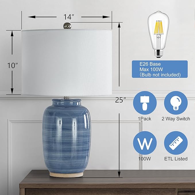 Maxax 25" Blue Table Lamp for Living Room, Modern Ceramic Lamp