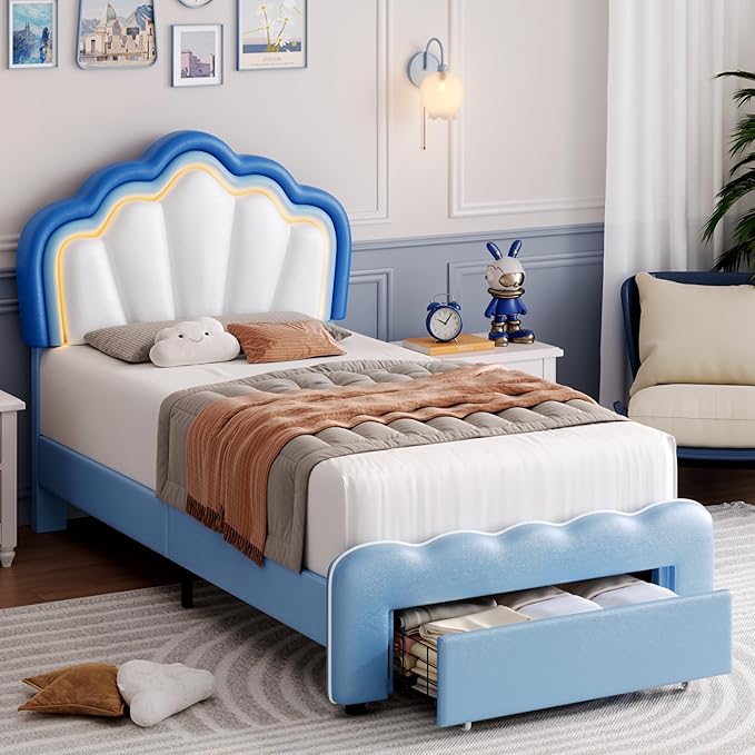 HOSTACK Twin Upholstered LED Bed Frame with Storage Drawers, Cute Boys Bed with Adjustable Lotus Headboard, Faux Leather Platform Bed Frame, Wooden Slats Support, No Box Spring Needed, Blue/White