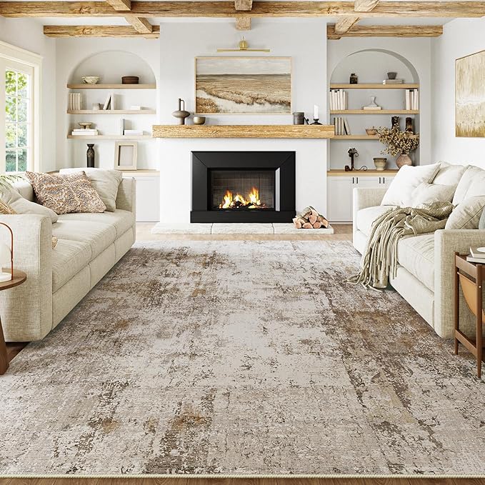 6x9 Washable Area Rug Brown Grey Neutral Abstract Living Room Bedroom Large Throw Rug Non Slip Soft Low Pile Indoor Floor Carpet for Dining Room Kitchen Office Entryway