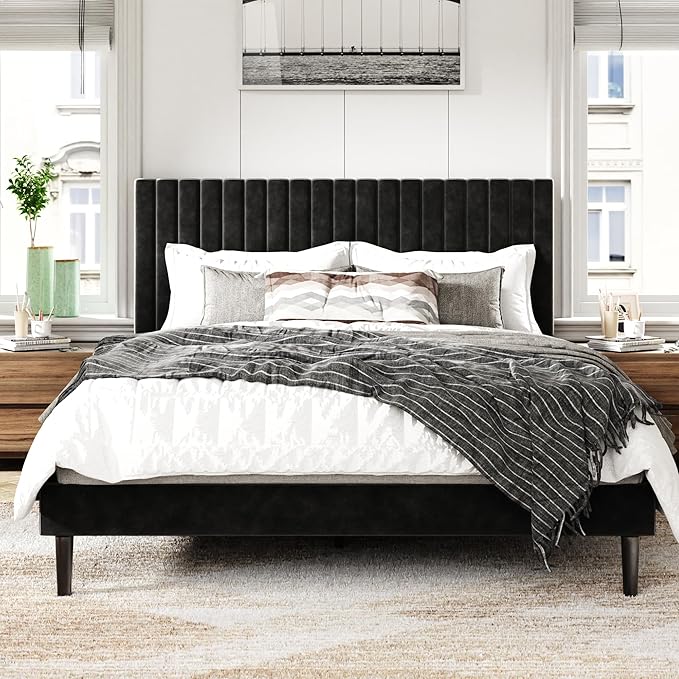 Full Size Bed Frame with Velvet Upholstered Headboard, Platform Bed with Strong Wood Slats, Mattress Foundation, Box Spring Optional, Easy Assembly, Black