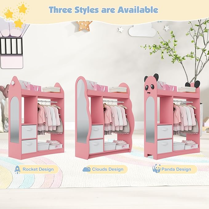 Kids Dress Up Storage Rack Mirror Wood Child Wardrobe 2 Hooks 2 Fabric Bins Toddler Closet Girls Boys Open Hanging Armoire Storage Shelf Coat Costume Hat Shoe (Pink/Cloud/Two Drawers)