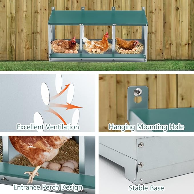 Chicken Nesting Boxes for Laying Eggs, Wall Mount Metal Poultry Nest Box for Hens, Large Vented Holes Chicken Coop Box, Galvanized Steel Nesting Boxes for Hens (Green, 3 Compartment)