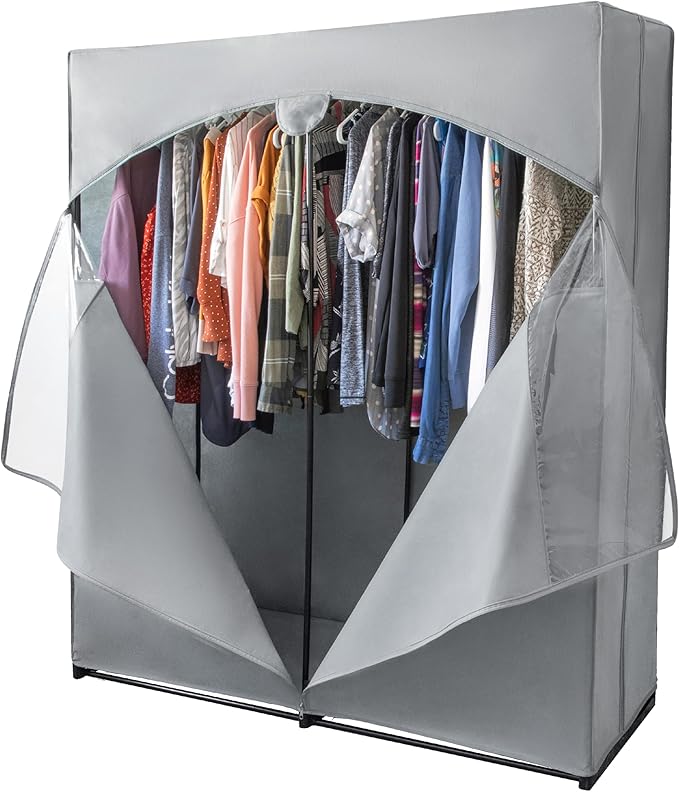 HOLDN’ STORAGE Portable Wardrobe Closet - 65 lb Large Capacity, Internal Heavy Duty Metal Rod, Zipper & Clear Window, Durable Clothes Organizer, Tool-Free Easy Assembly, Dark Gray Canvas Cover
