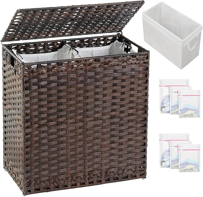 Laundry Hamper with Lid Wicker Laundry Basket 112 L (29.6 Gal) Laundry Hampers Handwoven Rattan Laundry Hamper with Handles 3 Removable Washing Bag, 6 Mesh Bags for Bathroom Bedroom Brown